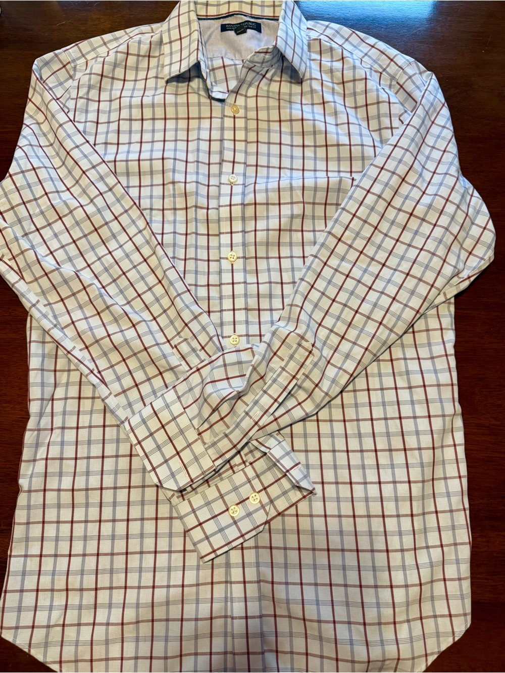 Banana Republic Men’s White Plaid Dress Shirt with Red and Blue Windowpane